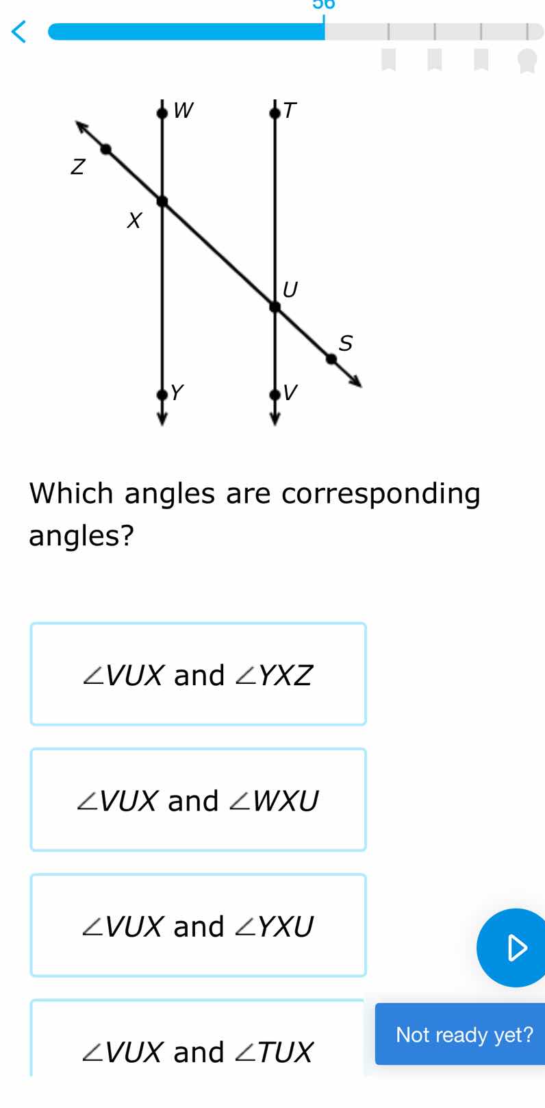 which angles are corresponding angles? \\(\\angle vux\\) and \\(\\angle…