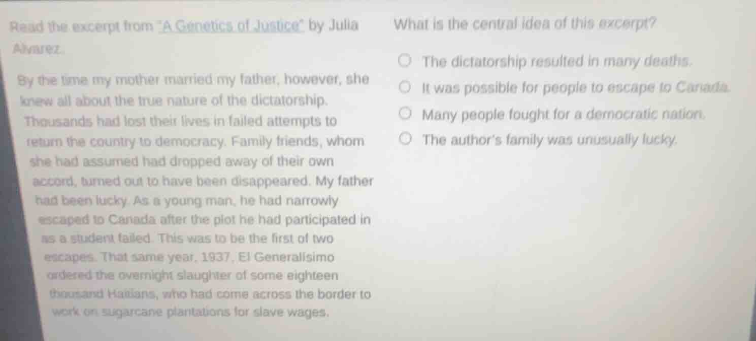 read the excerpt from \a genetics of justice\ by julia alvarez. by the …