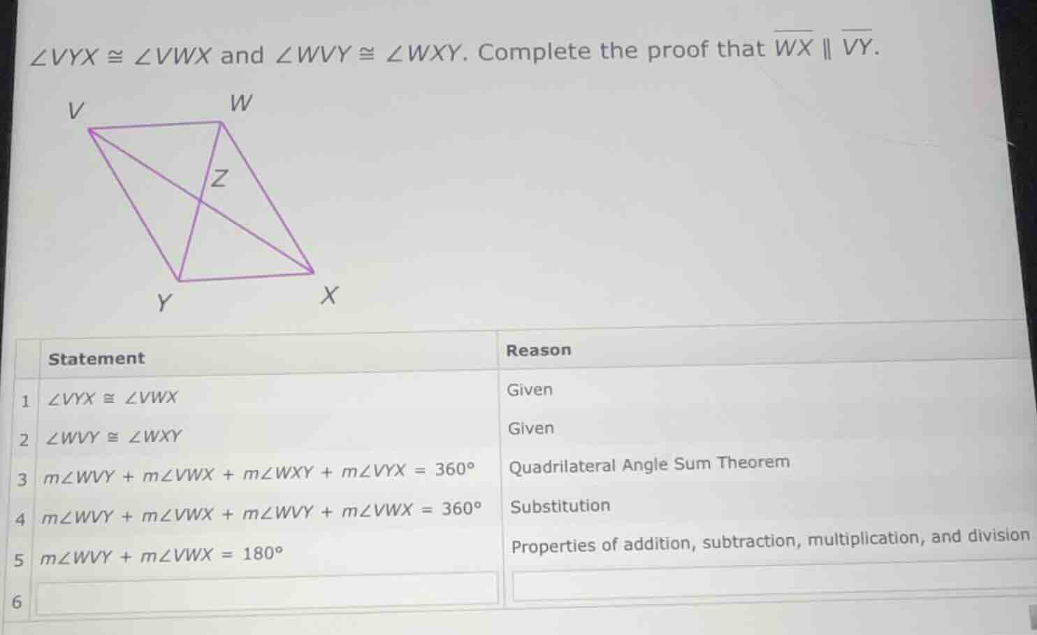 $\\angle vyx \\cong \\angle vwx$ and $\\angle wvy \\cong \\angle wxy$. …