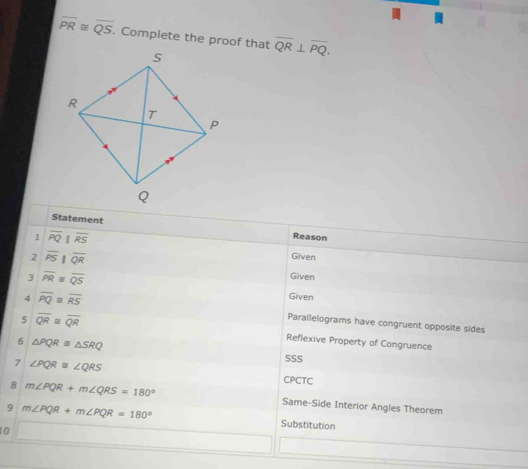 $overline{pr} cong overline{qs}$. complete the proof that $overline{qr}…