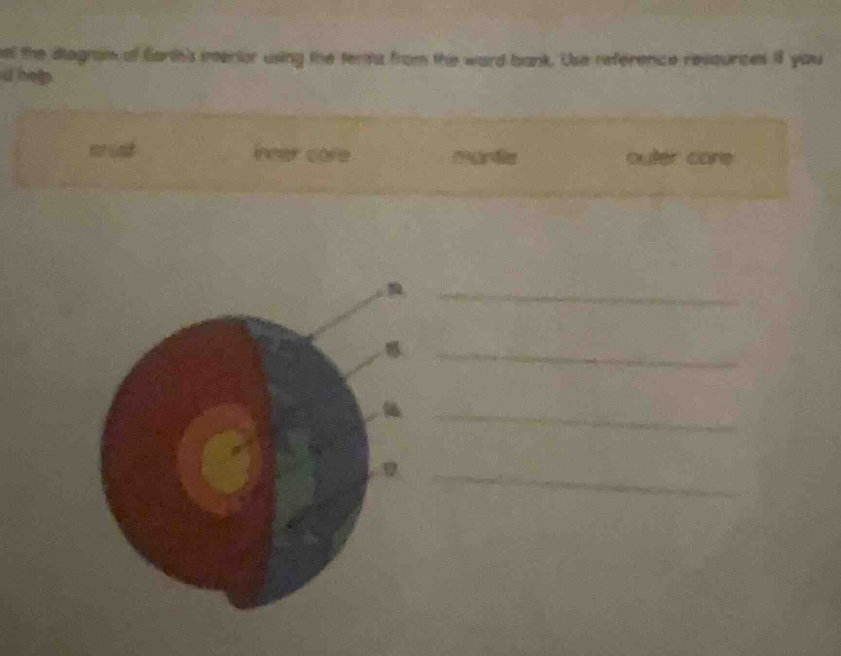 the diagram of earths interior using the terms from the word bank. use …