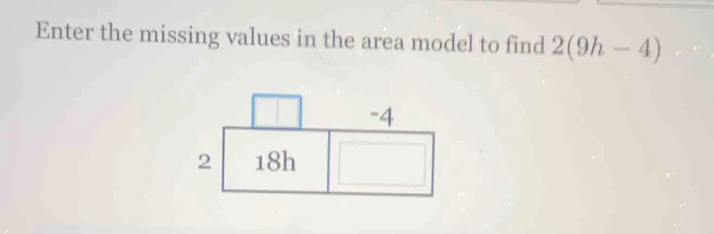 enter the missing values in the area model to find 2(9h - 4)