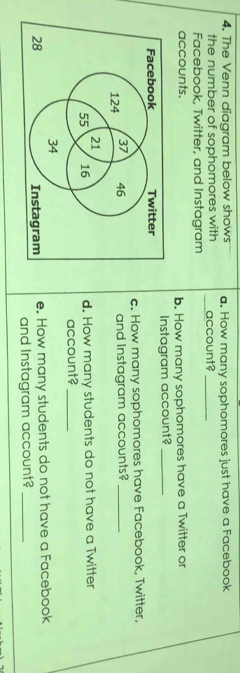 4. the venn diagram below shows the number of sophomores with facebook,…