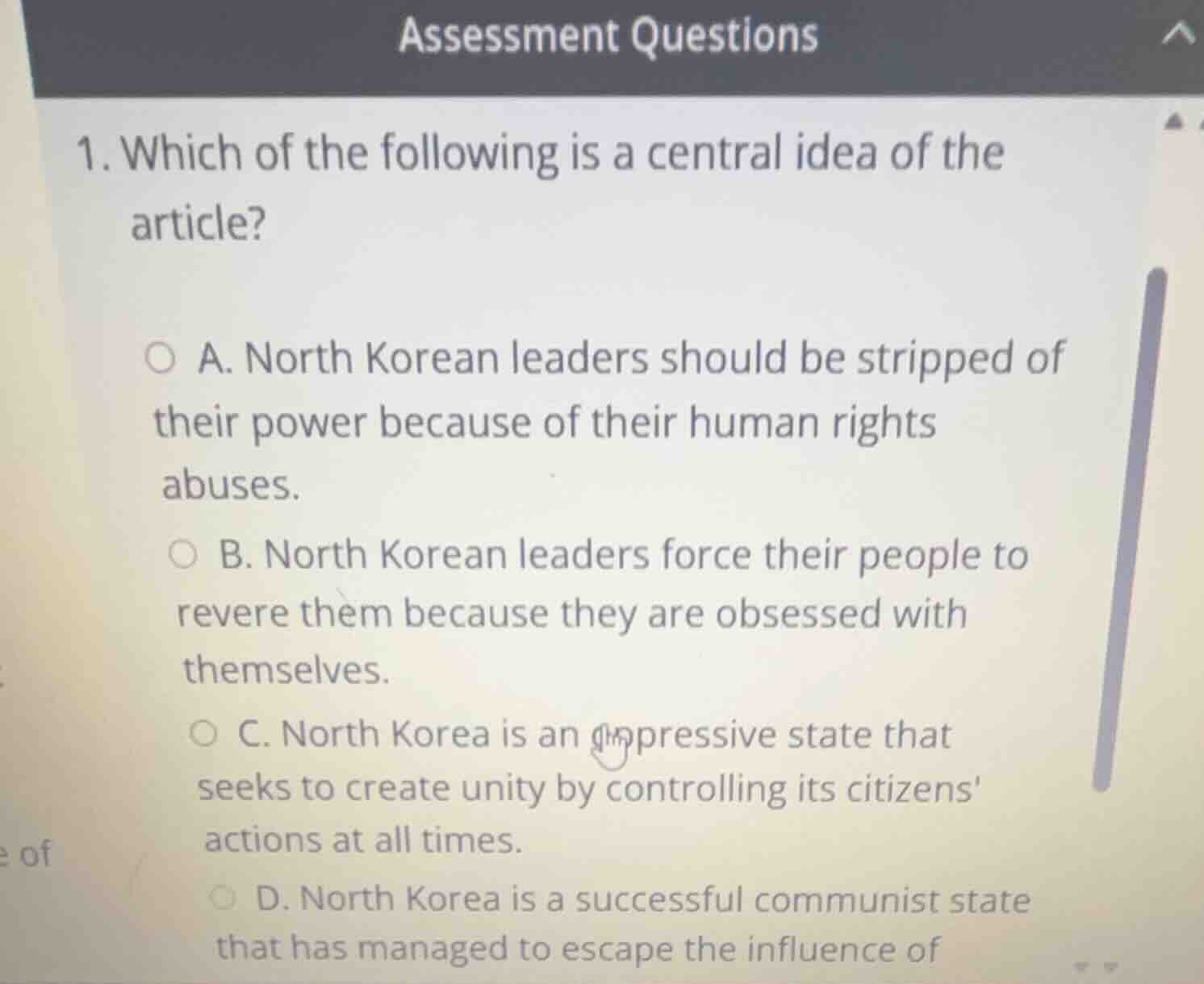 1. which of the following is a central idea of the article? a. north ko…