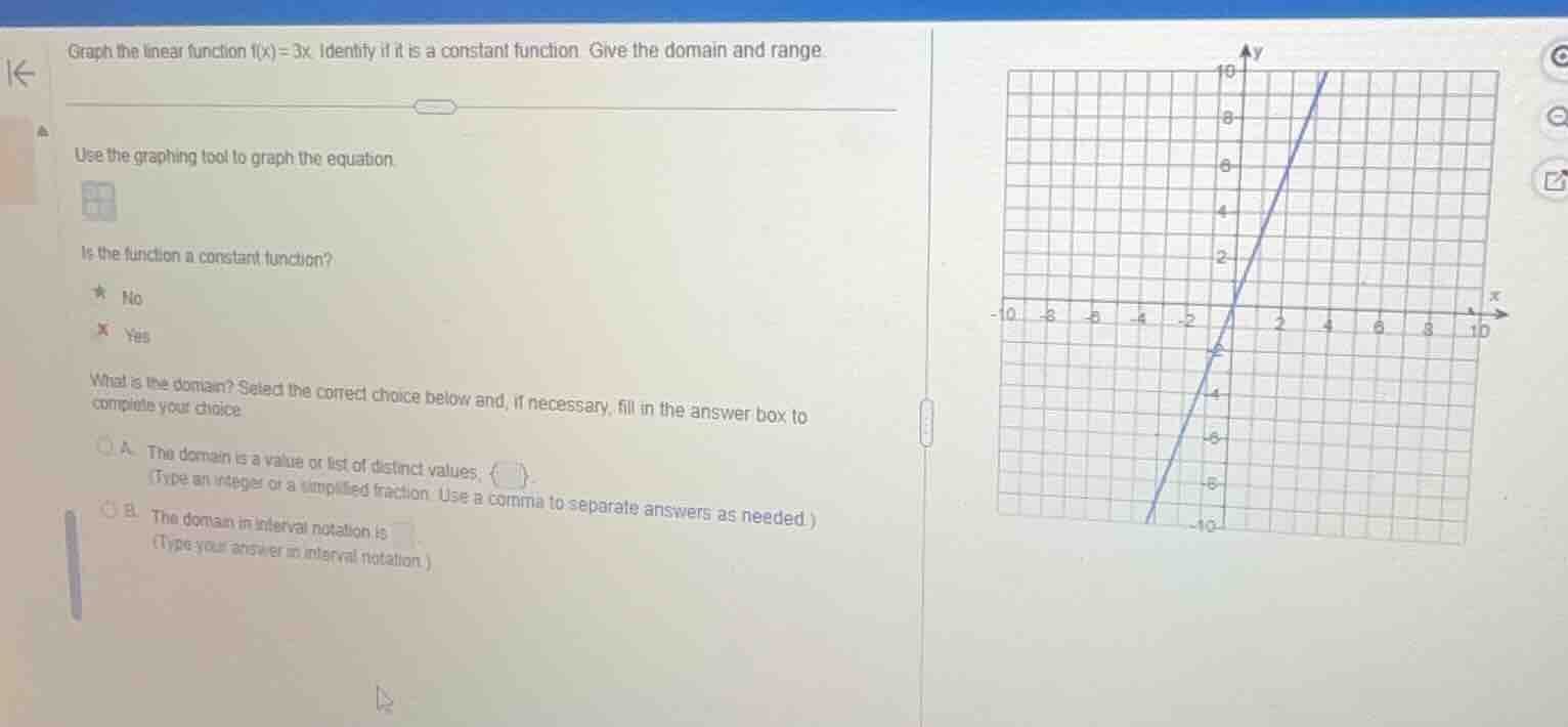 graph the linear function f(x)=3x. identify if it is a constant functio…