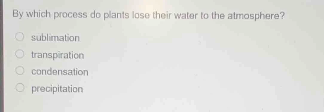 by which process do plants lose their water to the atmosphere? sublimat…