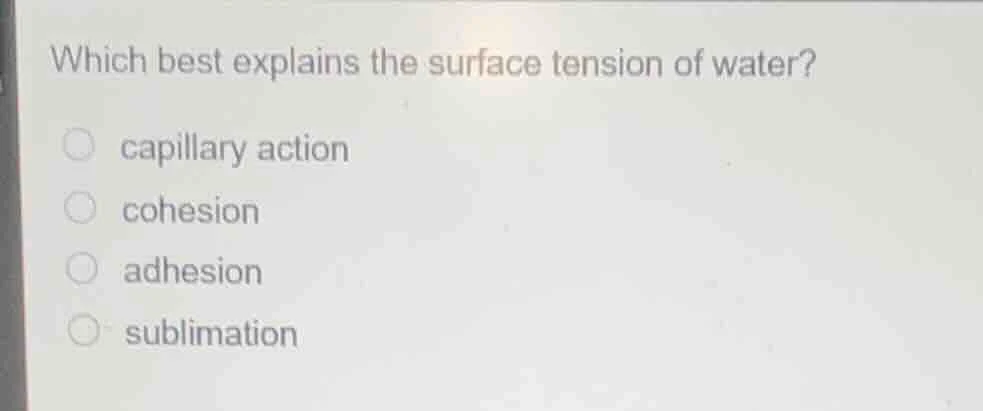 which best explains the surface tension of water? capillary action cohe…