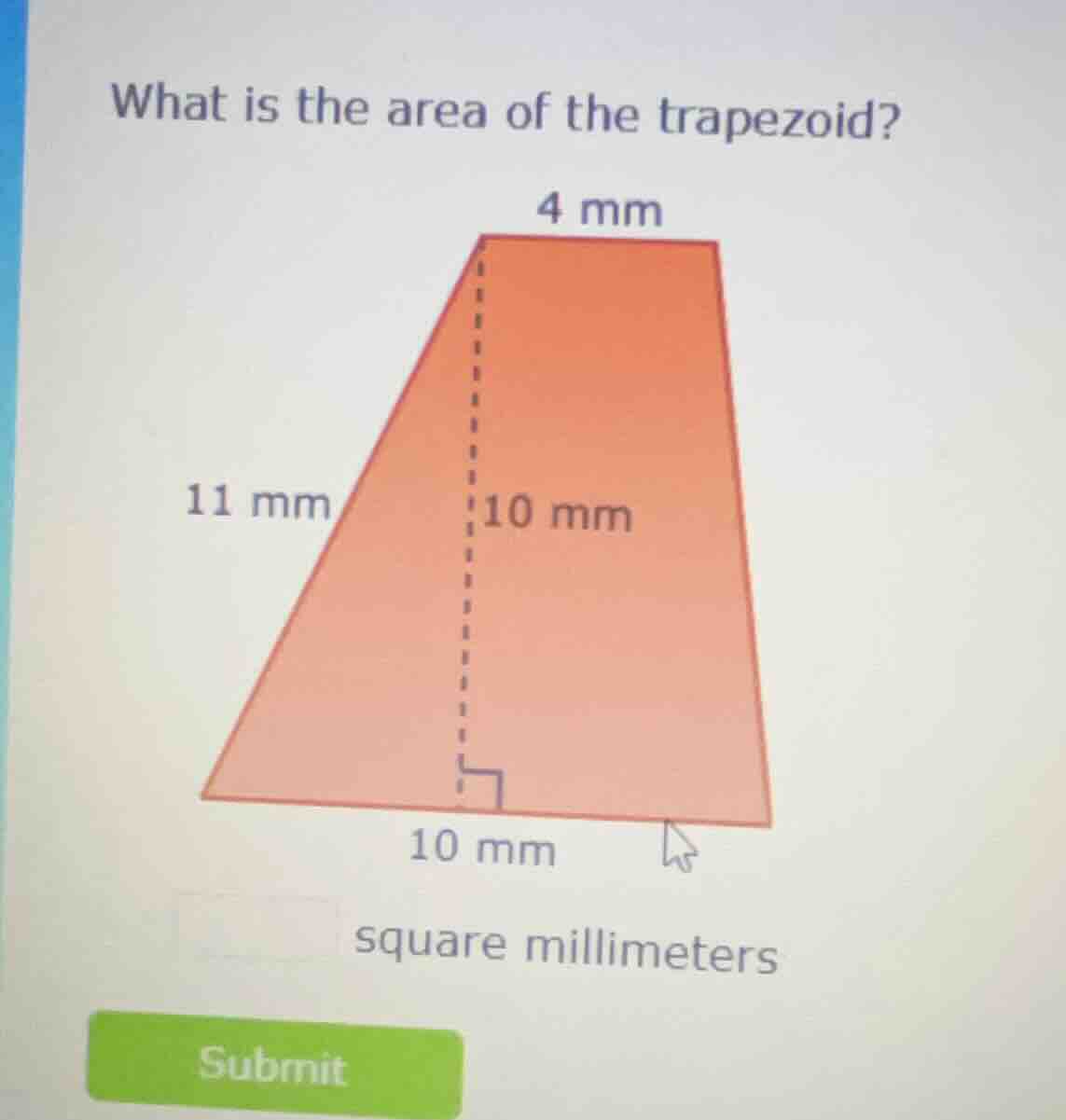 what is the area of the trapezoid? 4 mm 11 mm 10 mm 10 mm square millim…