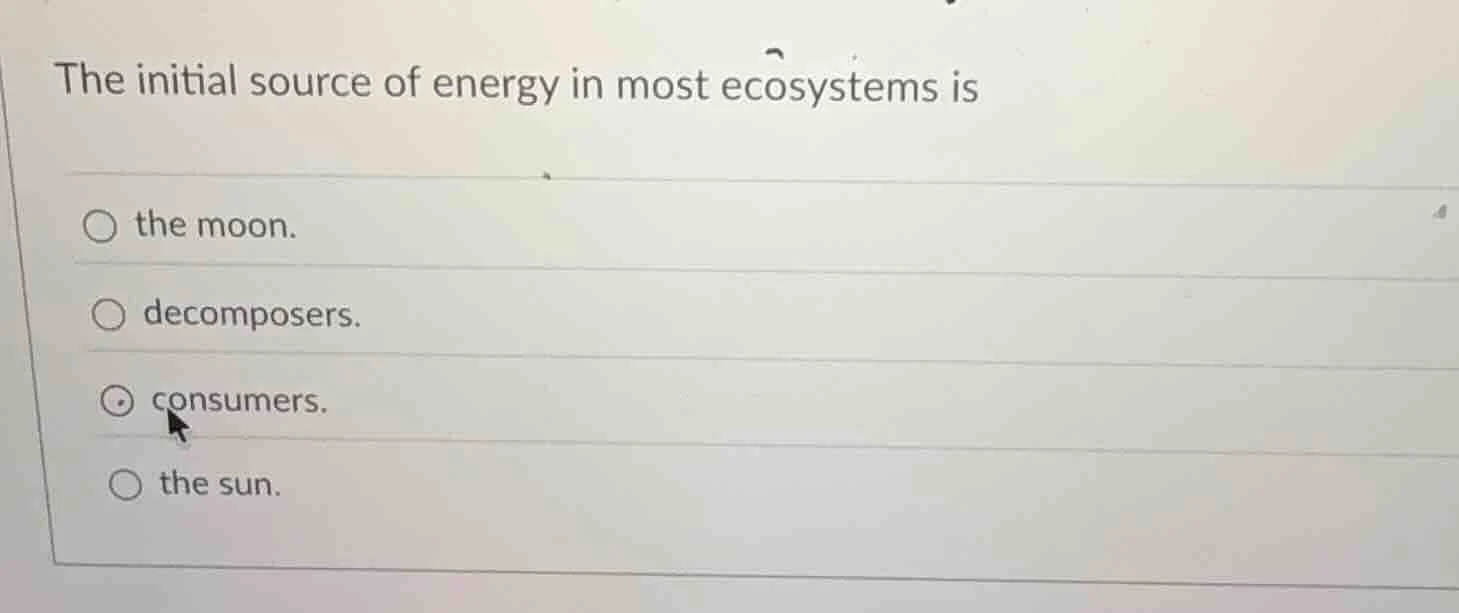 the initial source of energy in most ecosystems is the moon. decomposer…
