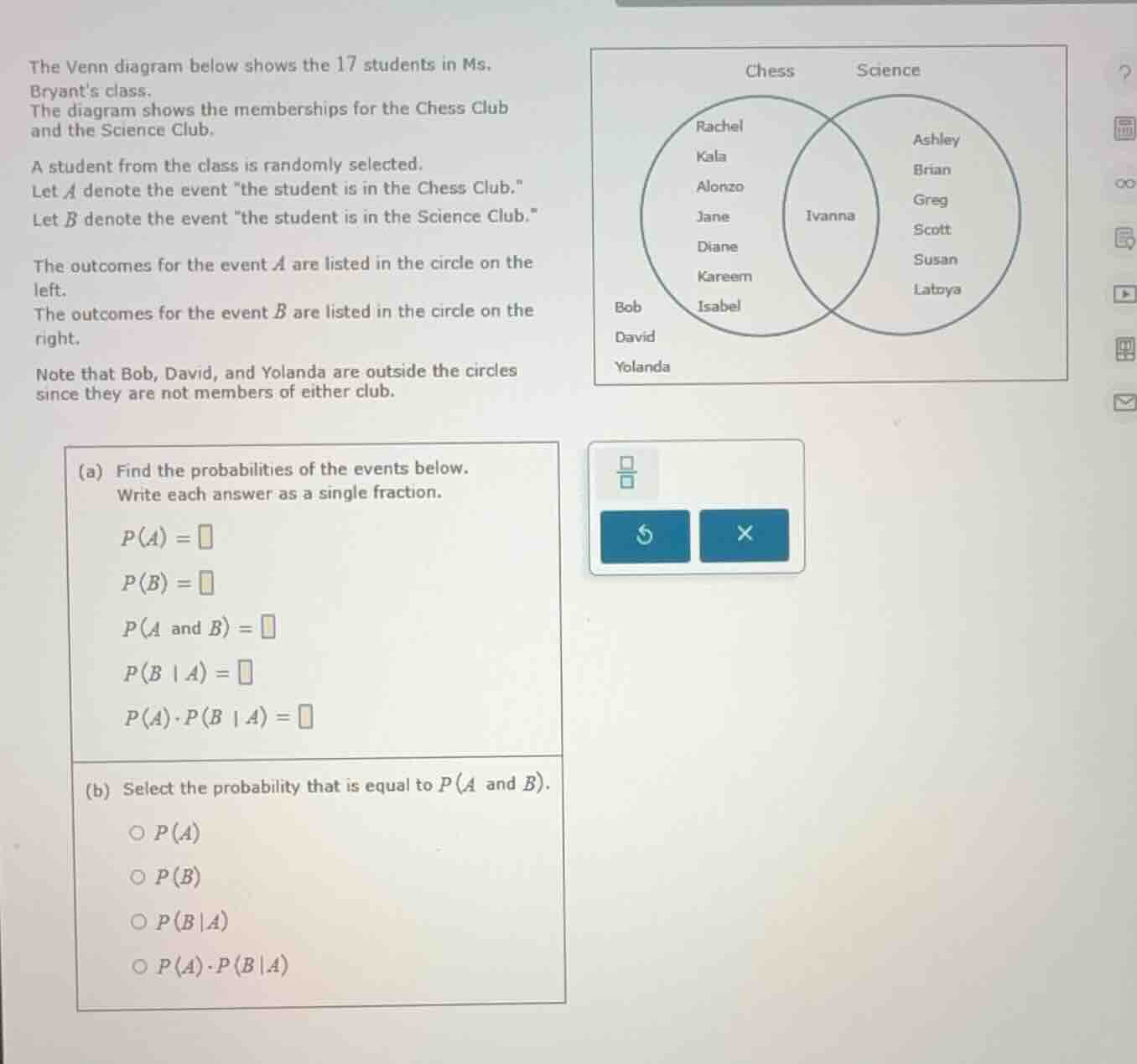 the venn diagram below shows the 17 students in ms. bryants class. the …
