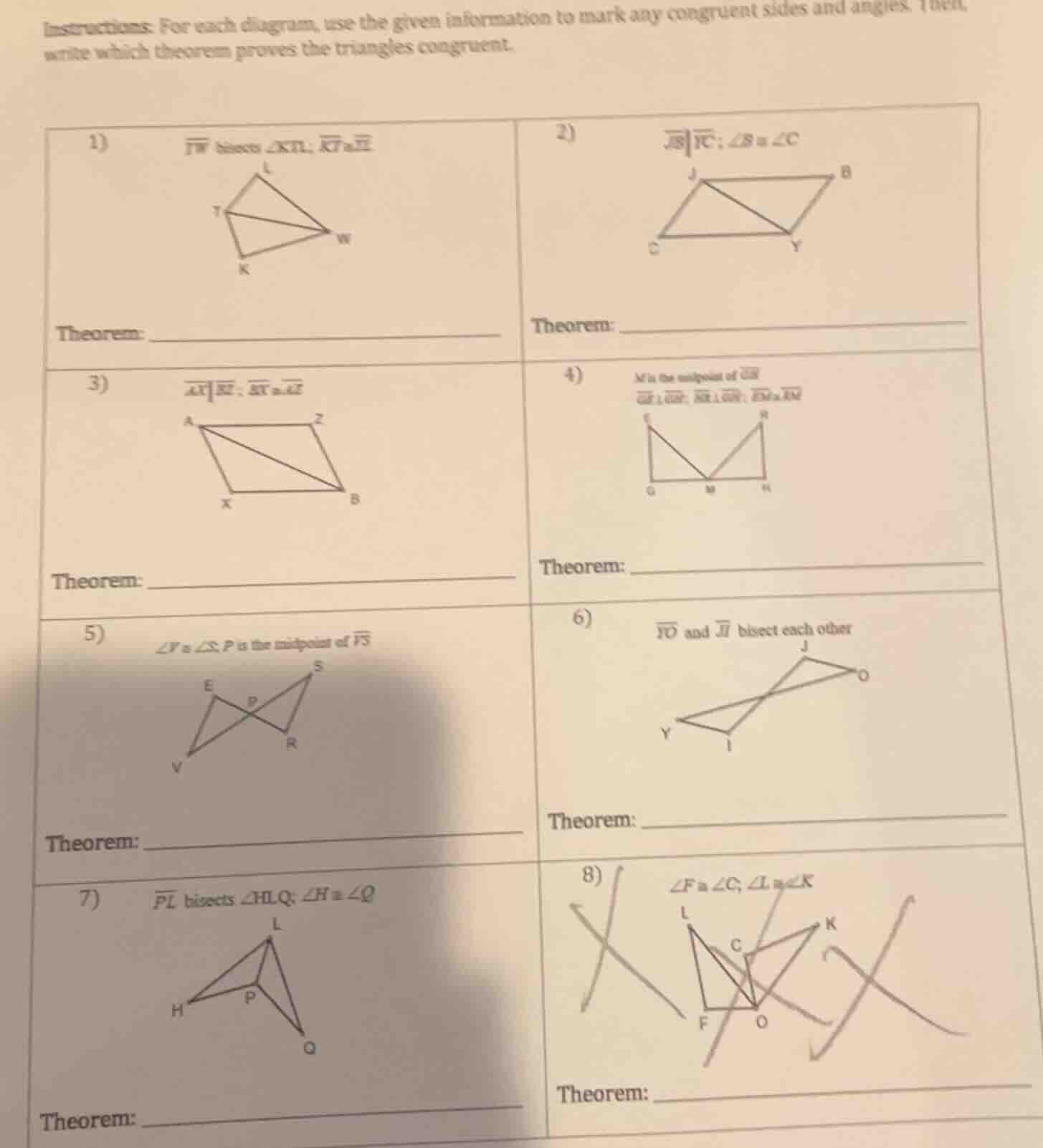 instructions: for each diagram, use the given information to mark any c…