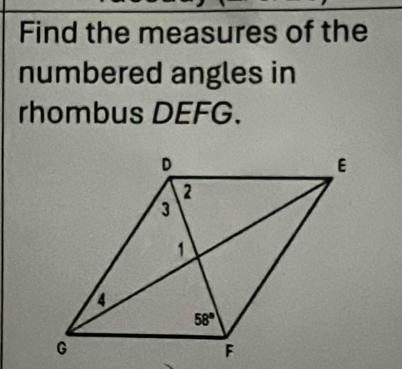 find the measures of the numbered angles in rhombus defg.