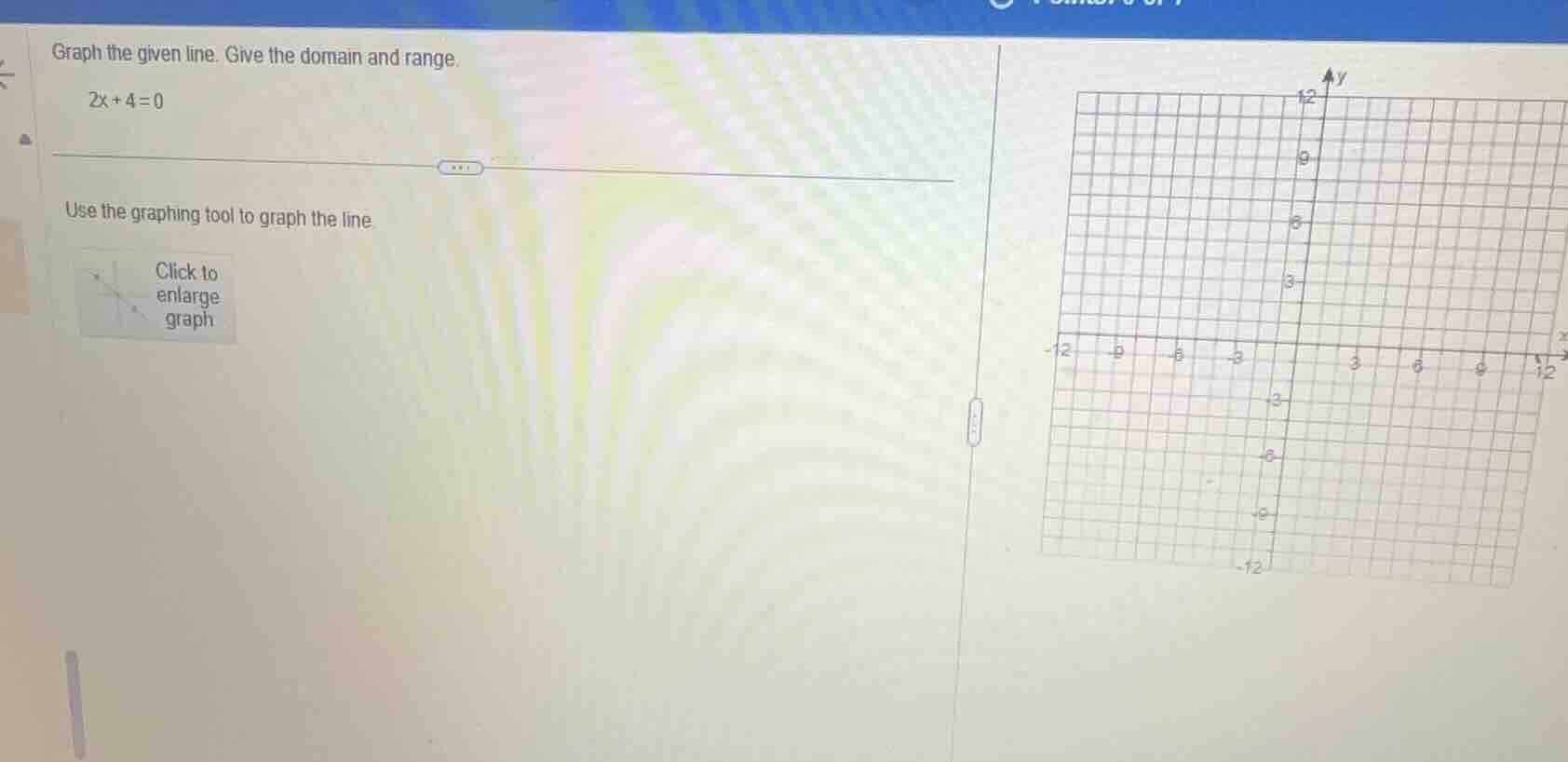 graph the given line. give the domain and range. 2x + 4 = 0 use the gra…