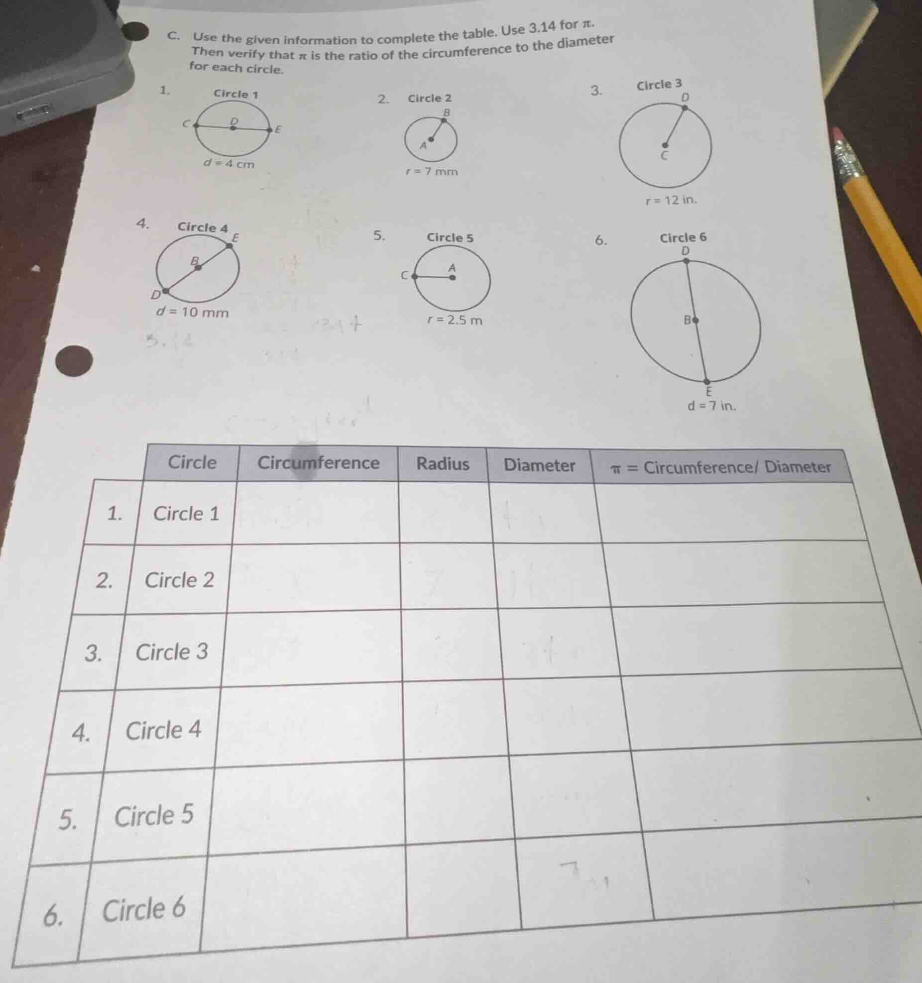 c. use the given information to complete the table. use 3.14 for π. the…