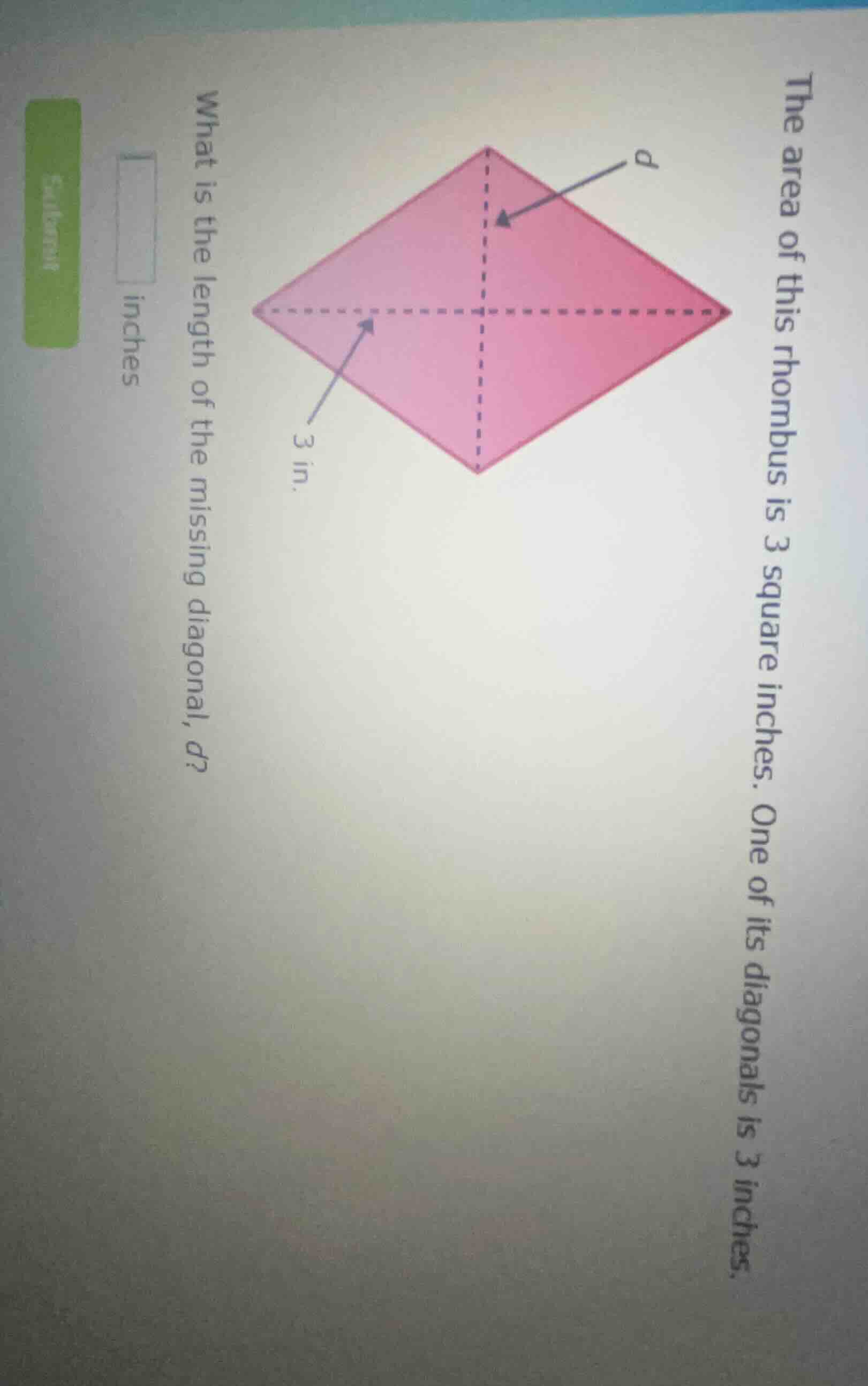 the area of this rhombus is 3 square inches. one of its diagonals is 3 …