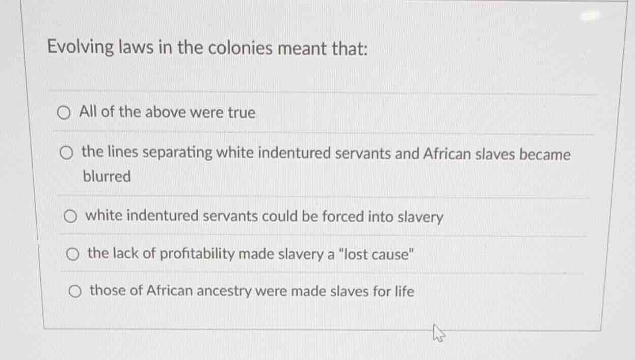 evolving laws in the colonies meant that: all of the above were true th…