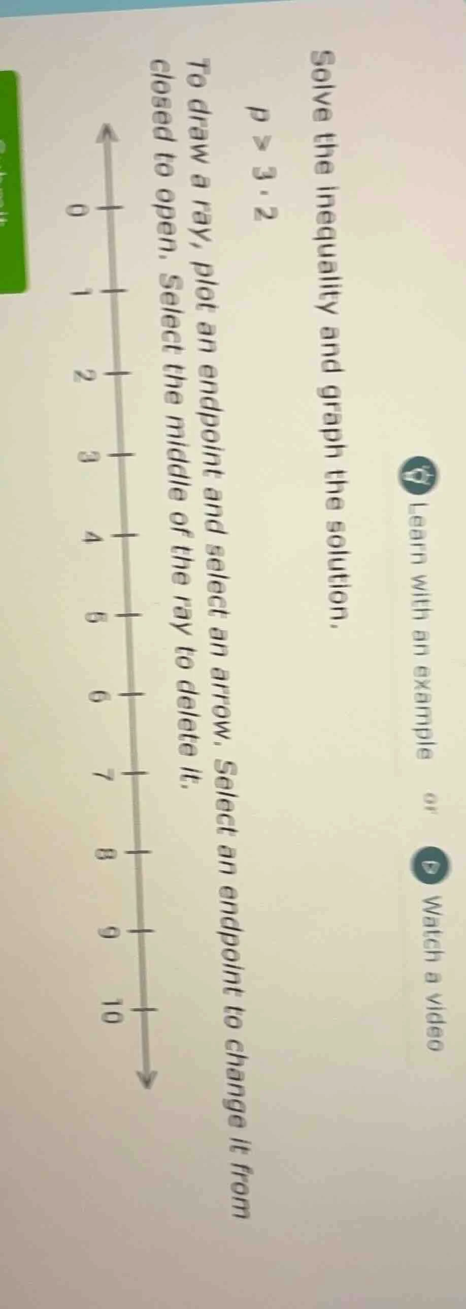 solve the inequality and graph the solution. p > 3.2 to draw a ray, plo…