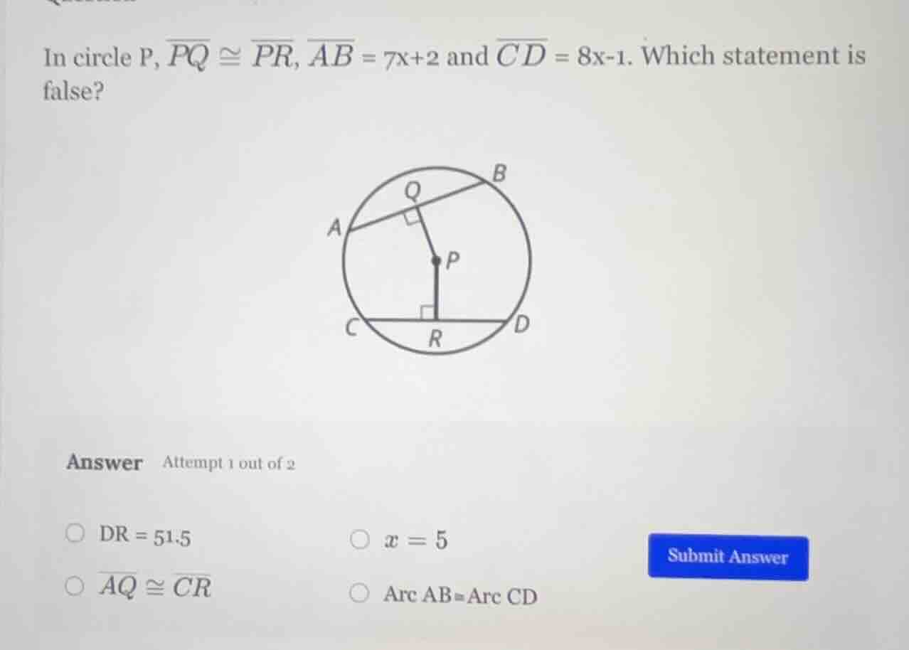 in circle p, \\(\\overline{pq} \\cong \\overline{pr}\\), \\(\\overline{…