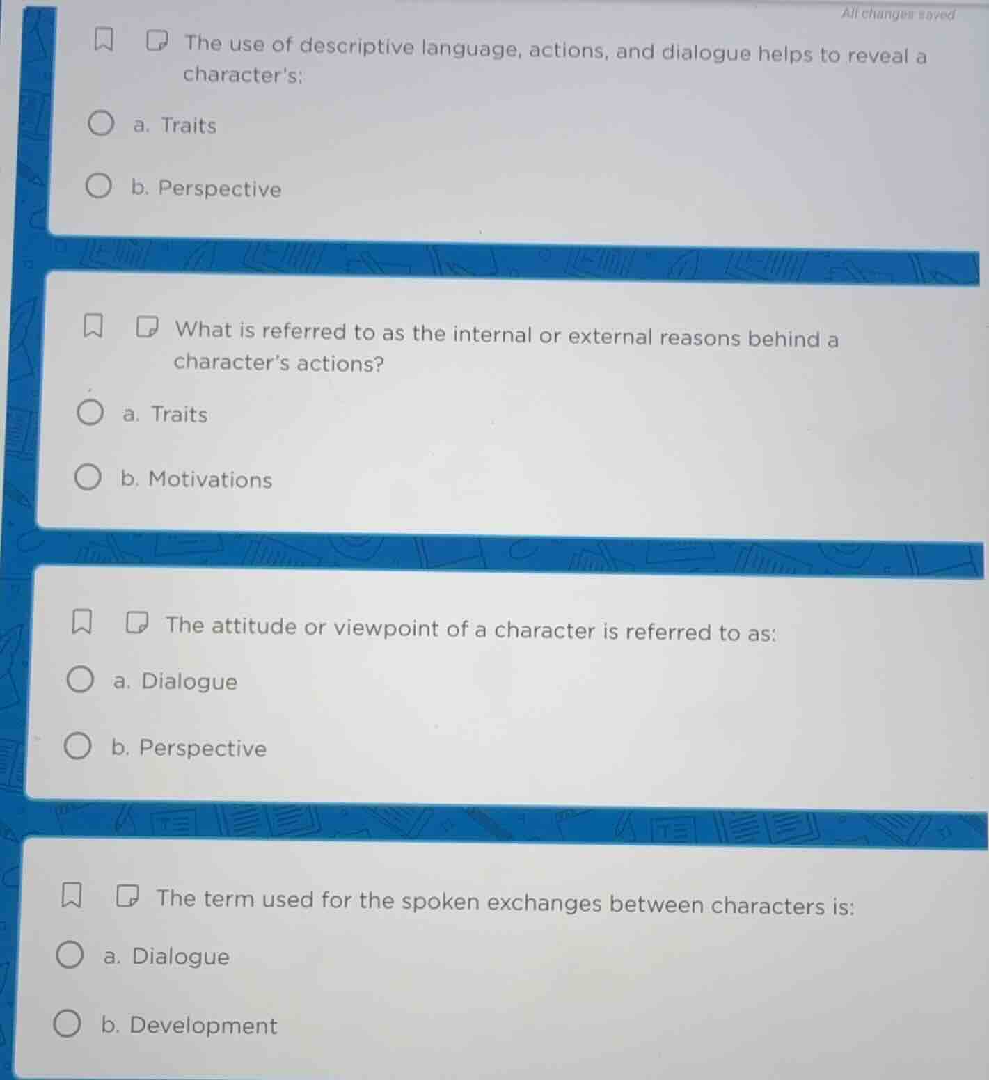 the use of descriptive language, actions, and dialogue helps to reveal …