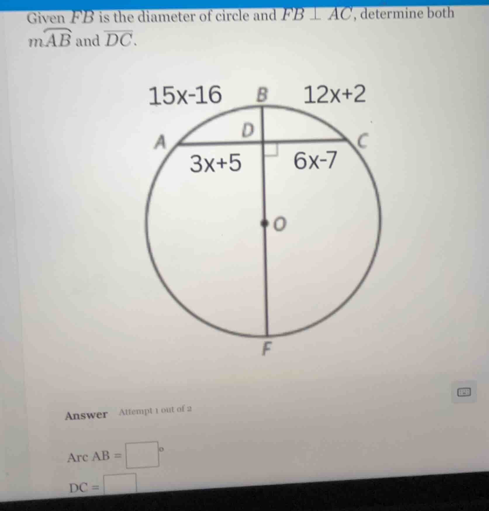 given fb is the diameter of circle and fb ⊥ ac, determine both m\\(\\ov…