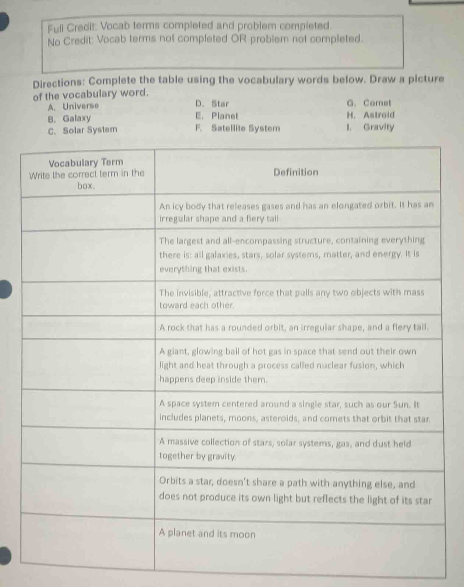 full credit: vocab terms completed and problem completed. no credit: vo…