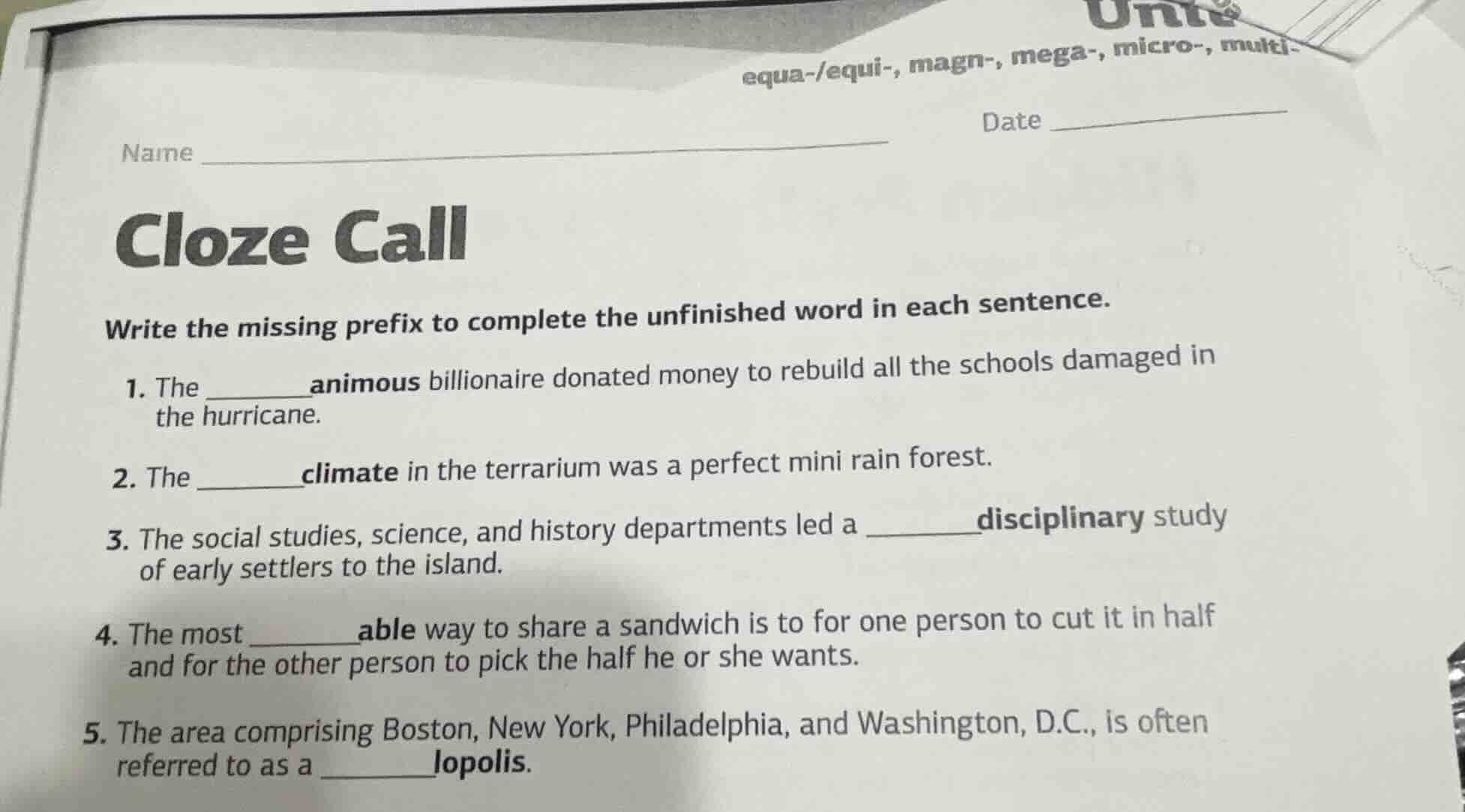 name date cloze call write the missing prefix to complete the unfinishe…