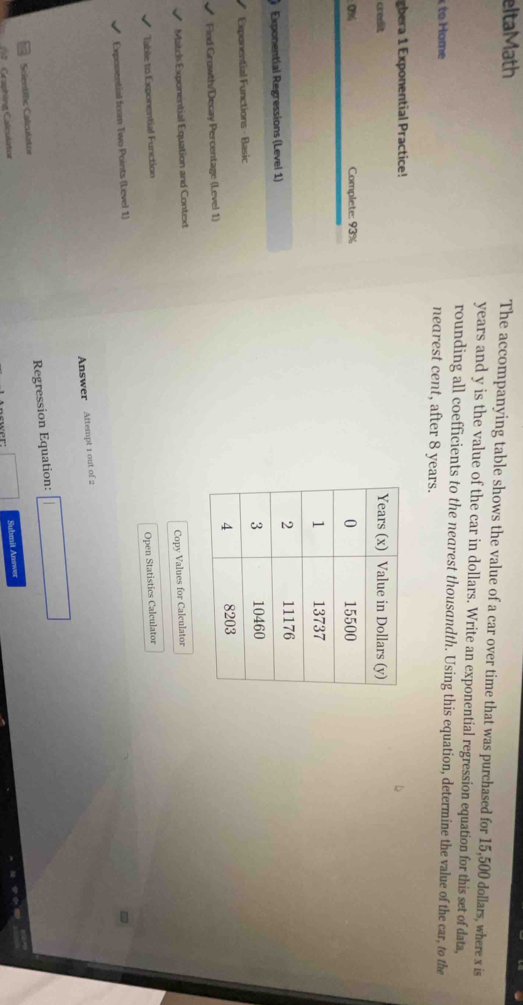 the accompanying table shows the value of a car over time that was purc…