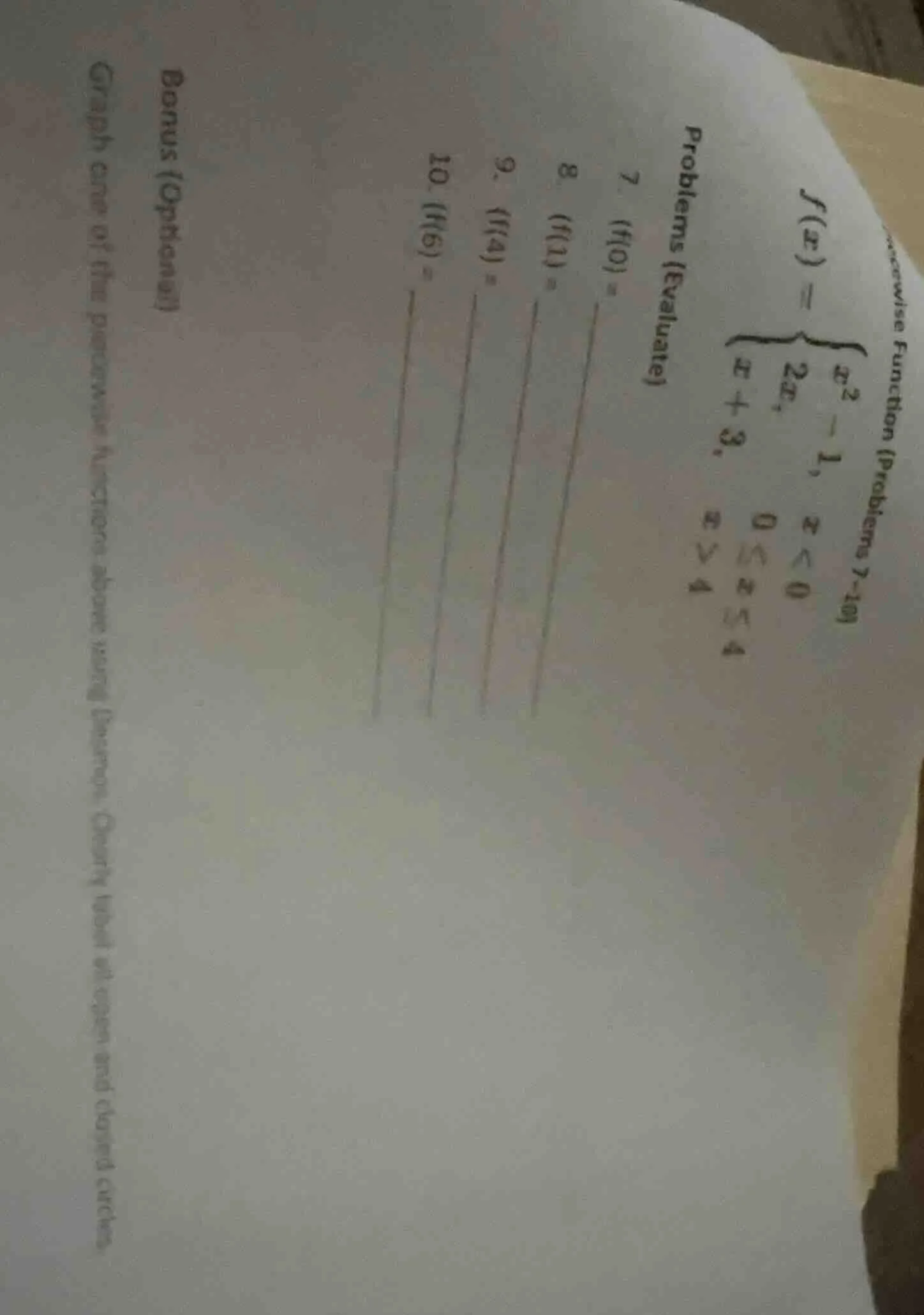 f(x) = \\begin{cases} x^2 - 1, & x < 0 \\\\ 2x, & 0 \\leq x \\leq 4 \\\…