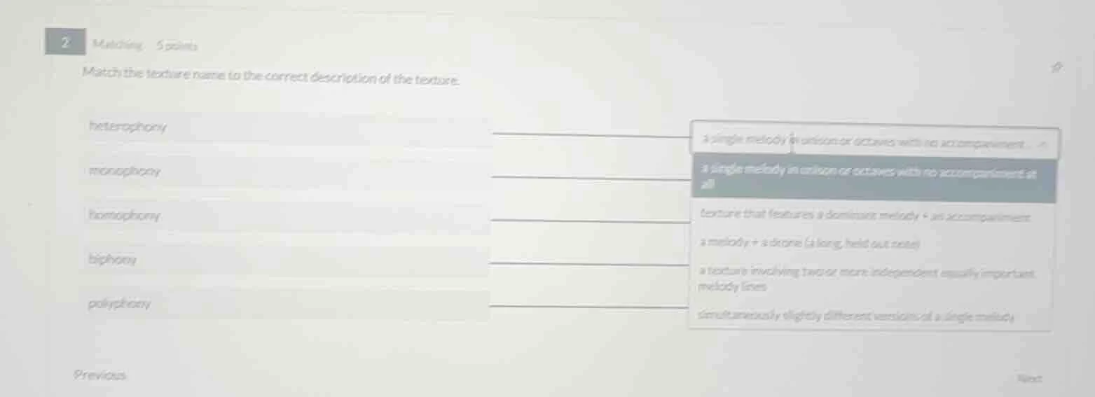 2 matching, 5 points match the texture name to the correct description …