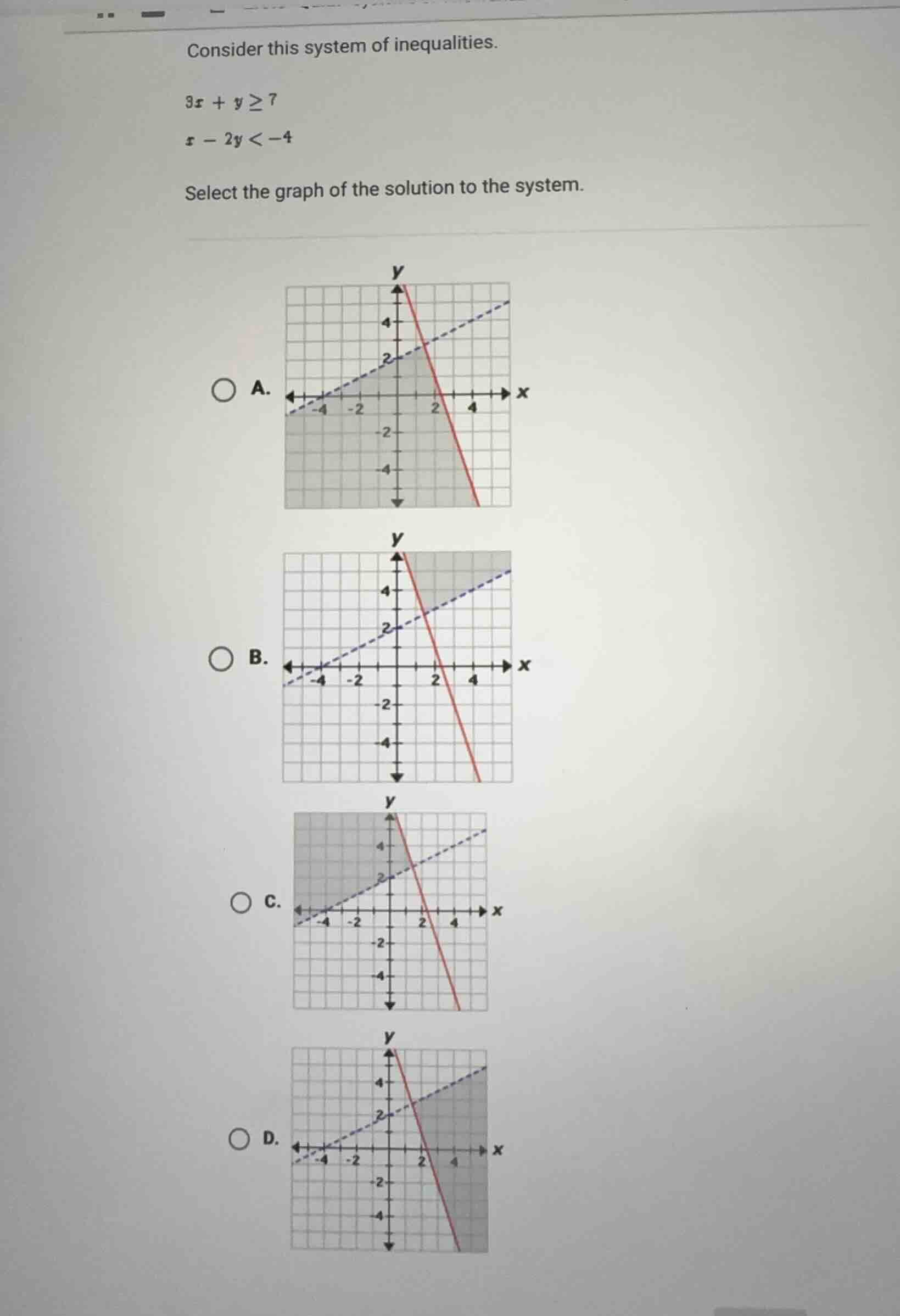 consider this system of inequalities. $3x + y \\geq 7$ $x - 2y < -4$ se…