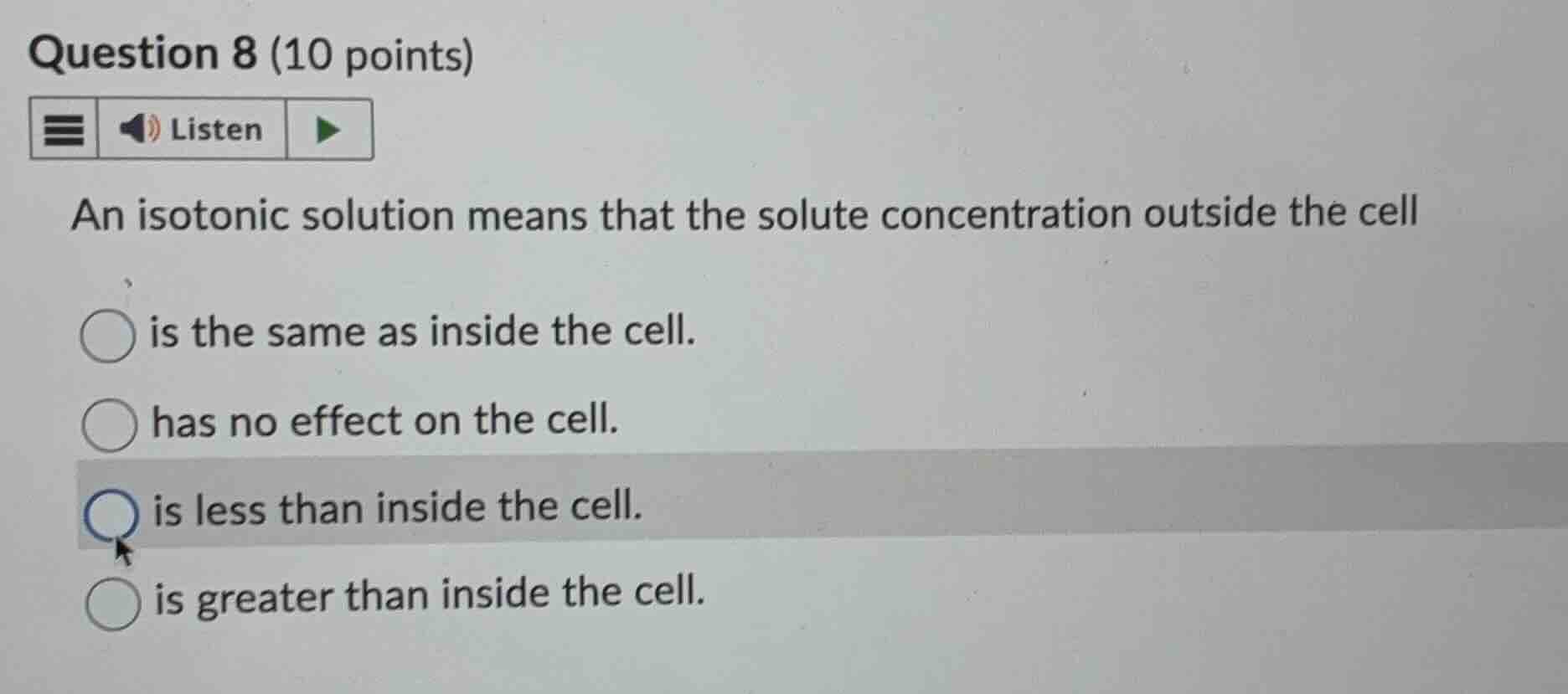question 8 (10 points) an isotonic solution means that the solute conce…