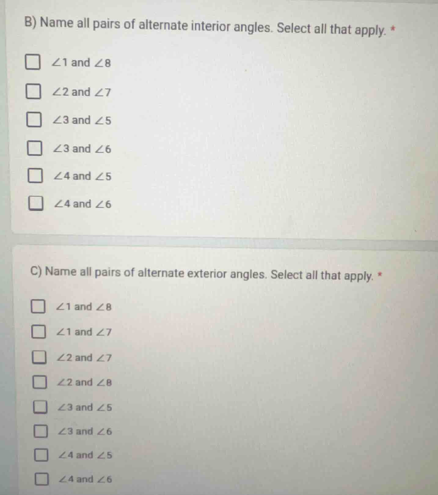 b) name all pairs of alternate interior angles. select all that apply. …