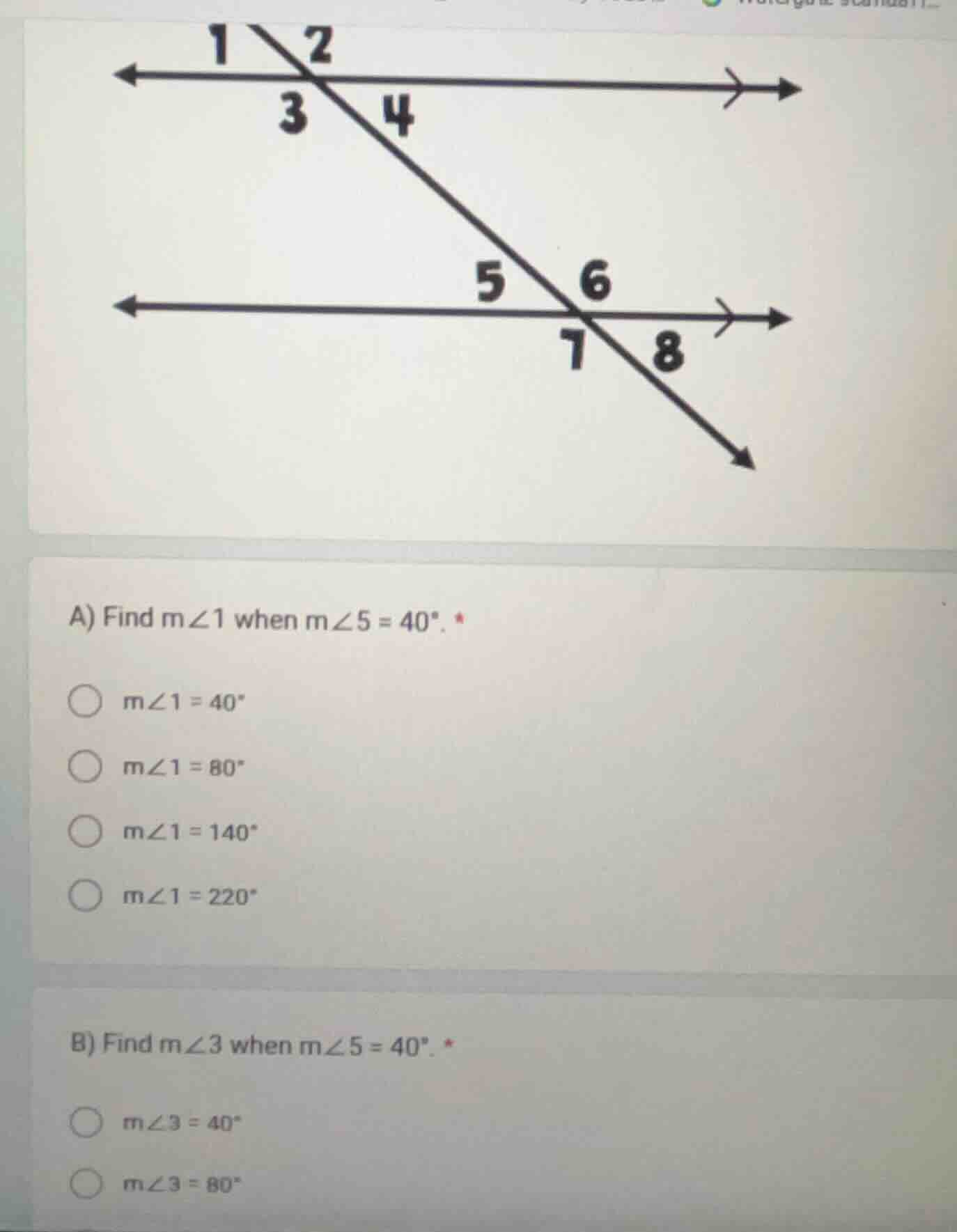 a) find ( mangle1 ) when ( mangle5 = 40^circ ). ( mangle1 = 40^circ ) (…