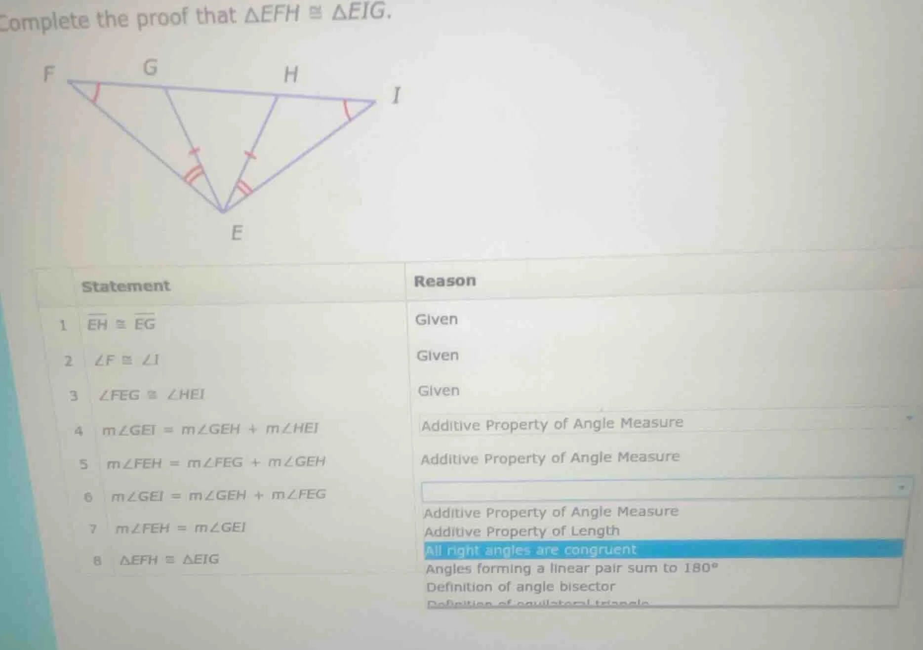complete the proof that $\\triangle efh \\cong \\triangle eig$. (image …