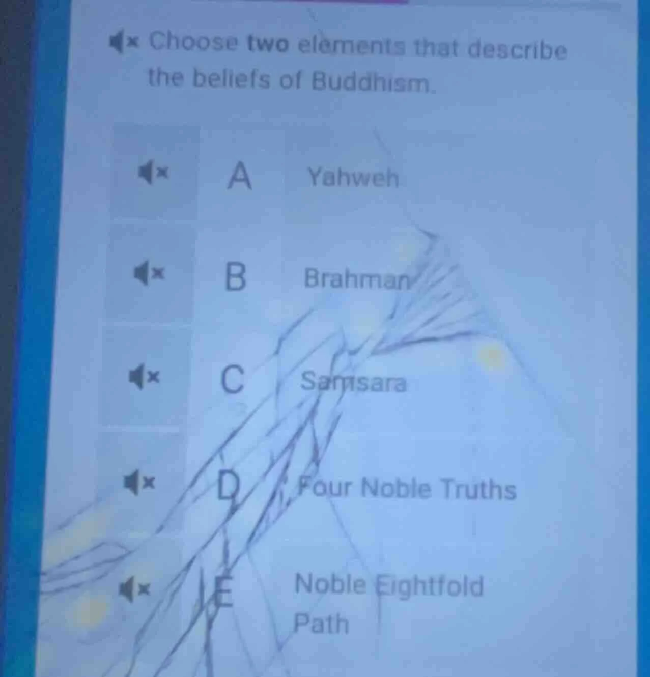 choose two elements that describe the beliefs of buddhism. a yahweh b b…