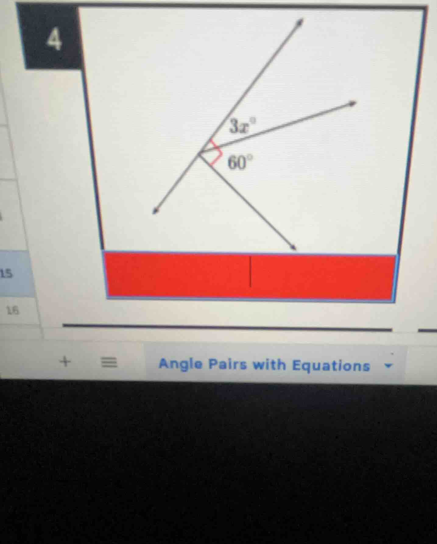 4, 3x°, 60°, angle pairs with equations