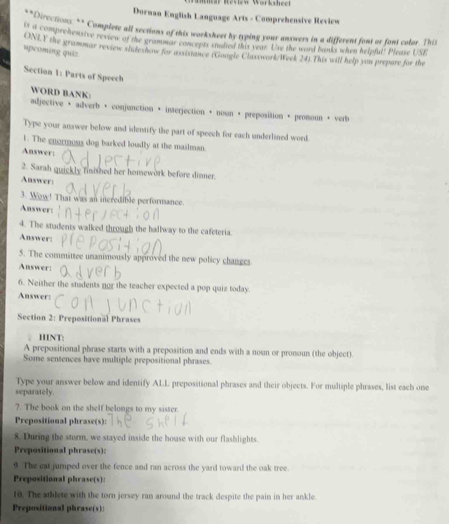grammar review worksheet dornan english language arts - comprehensive r…