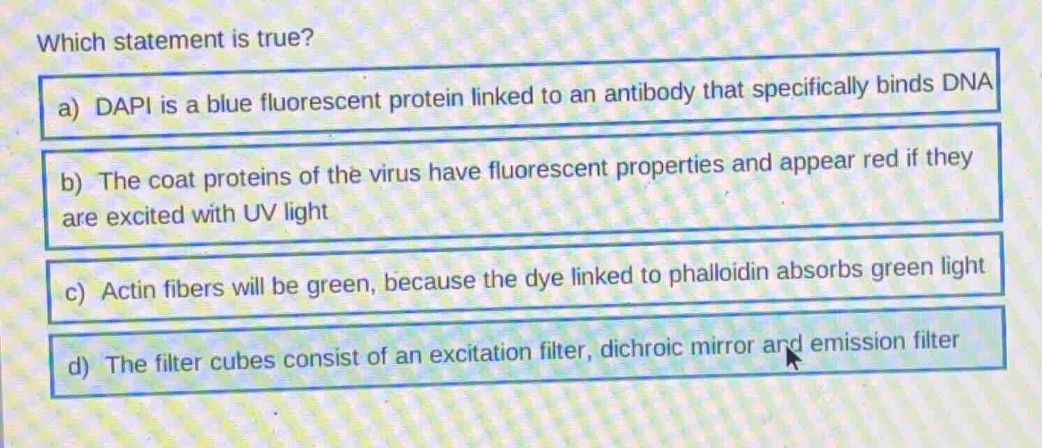 which statement is true? a) dapi is a blue fluorescent protein linked t…