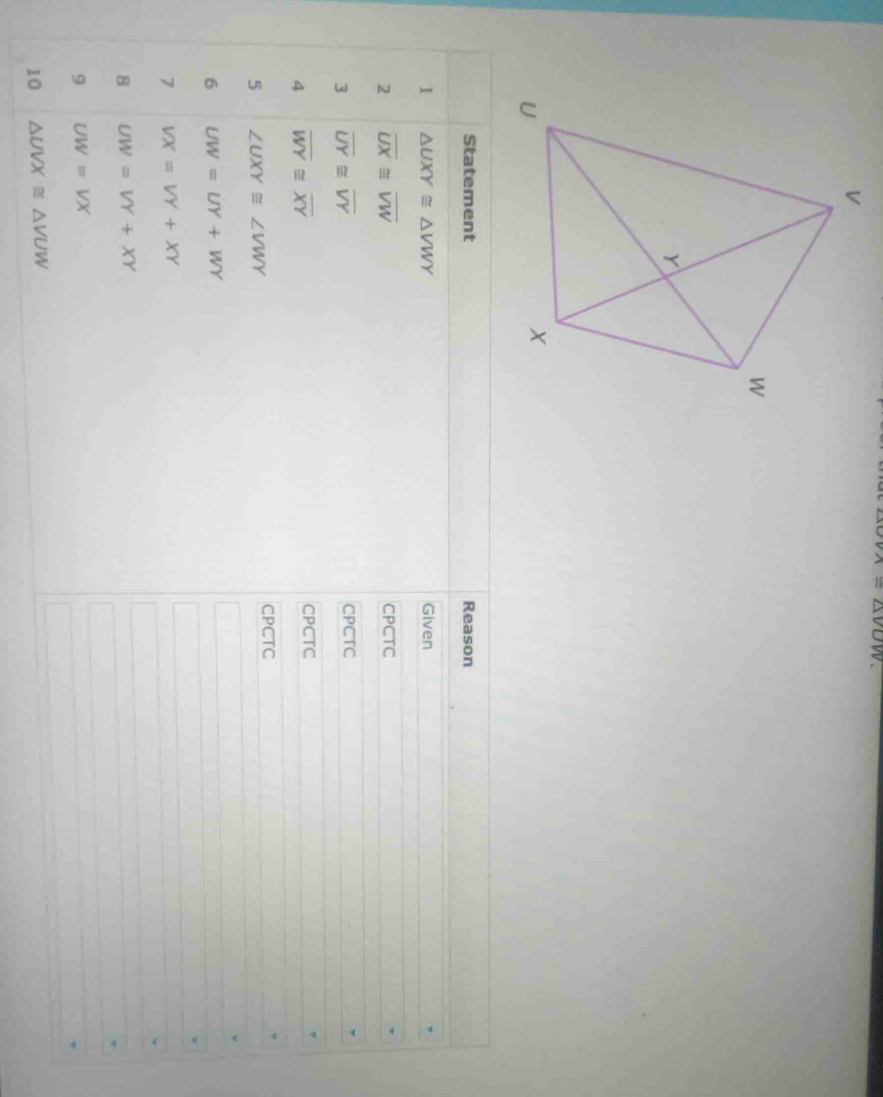 statement 1 ( \triangle uxy cong \triangle vwy ) 2 ( overline{ux} cong …