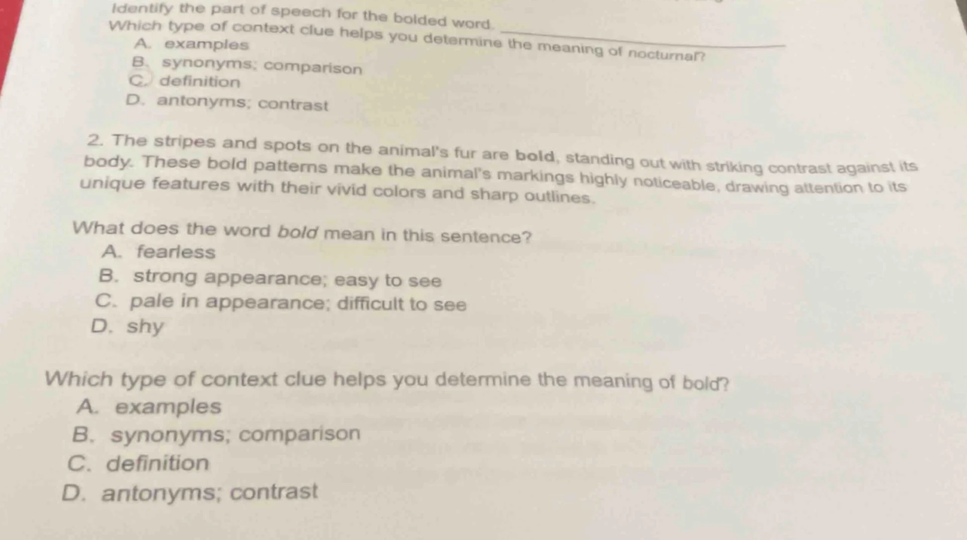 identify the part of speech for the bolded word. which type of context …