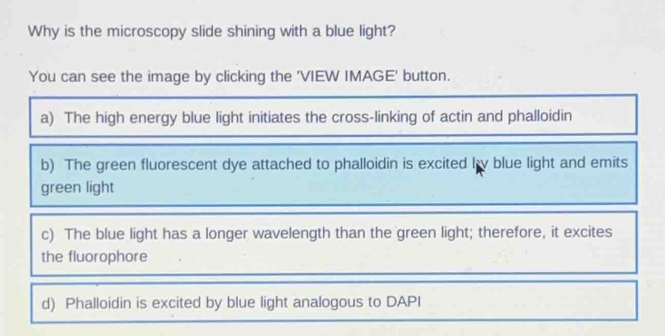 why is the microscopy slide shining with a blue light? you can see the …