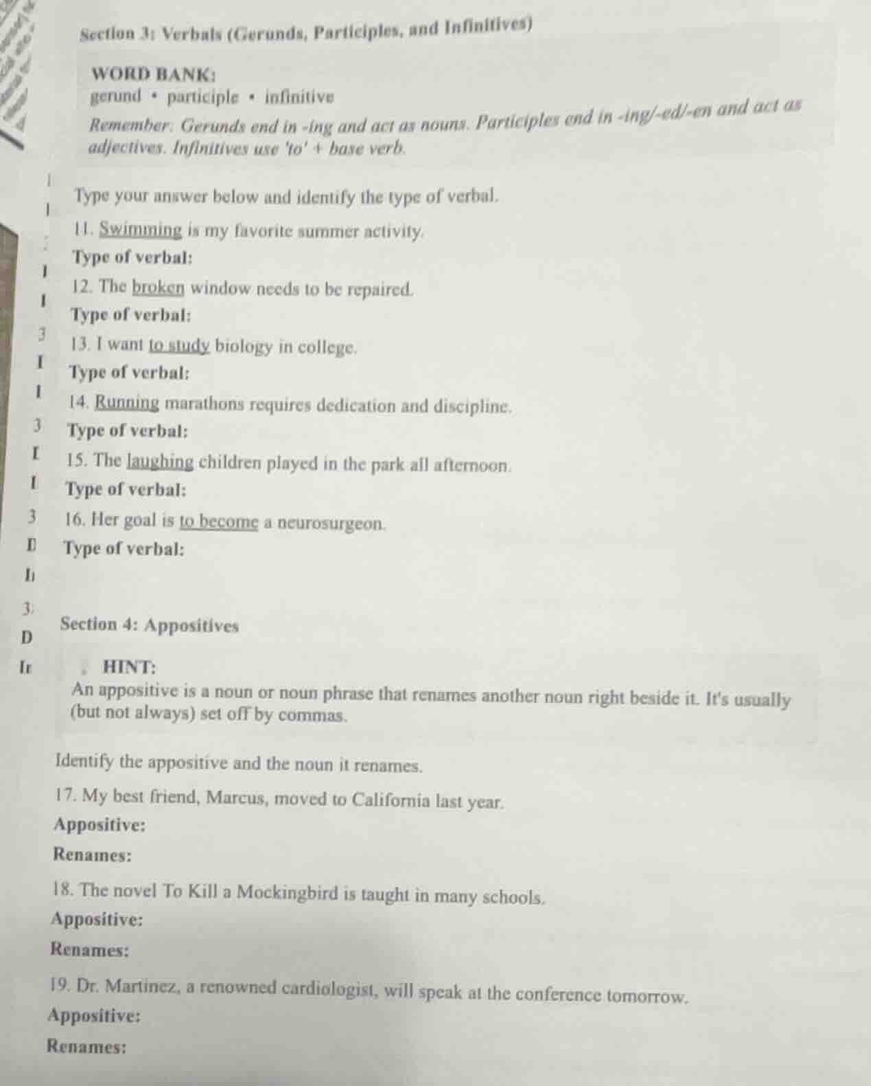 section 3: verbals (gerunds, participles, and infinitives) word bank: g…