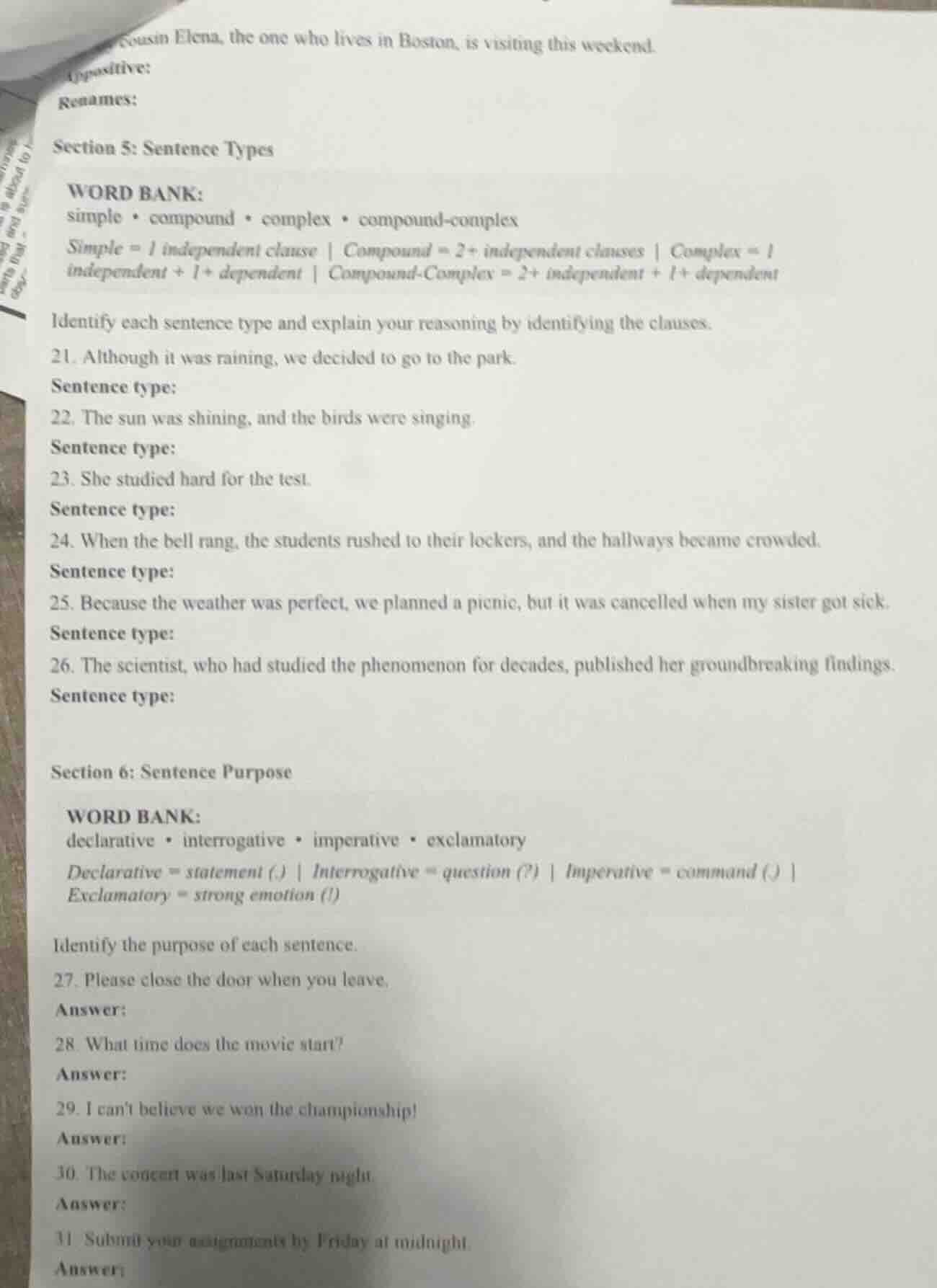 cousin elena, the one who lives in boston, is visiting this weekend. (p…