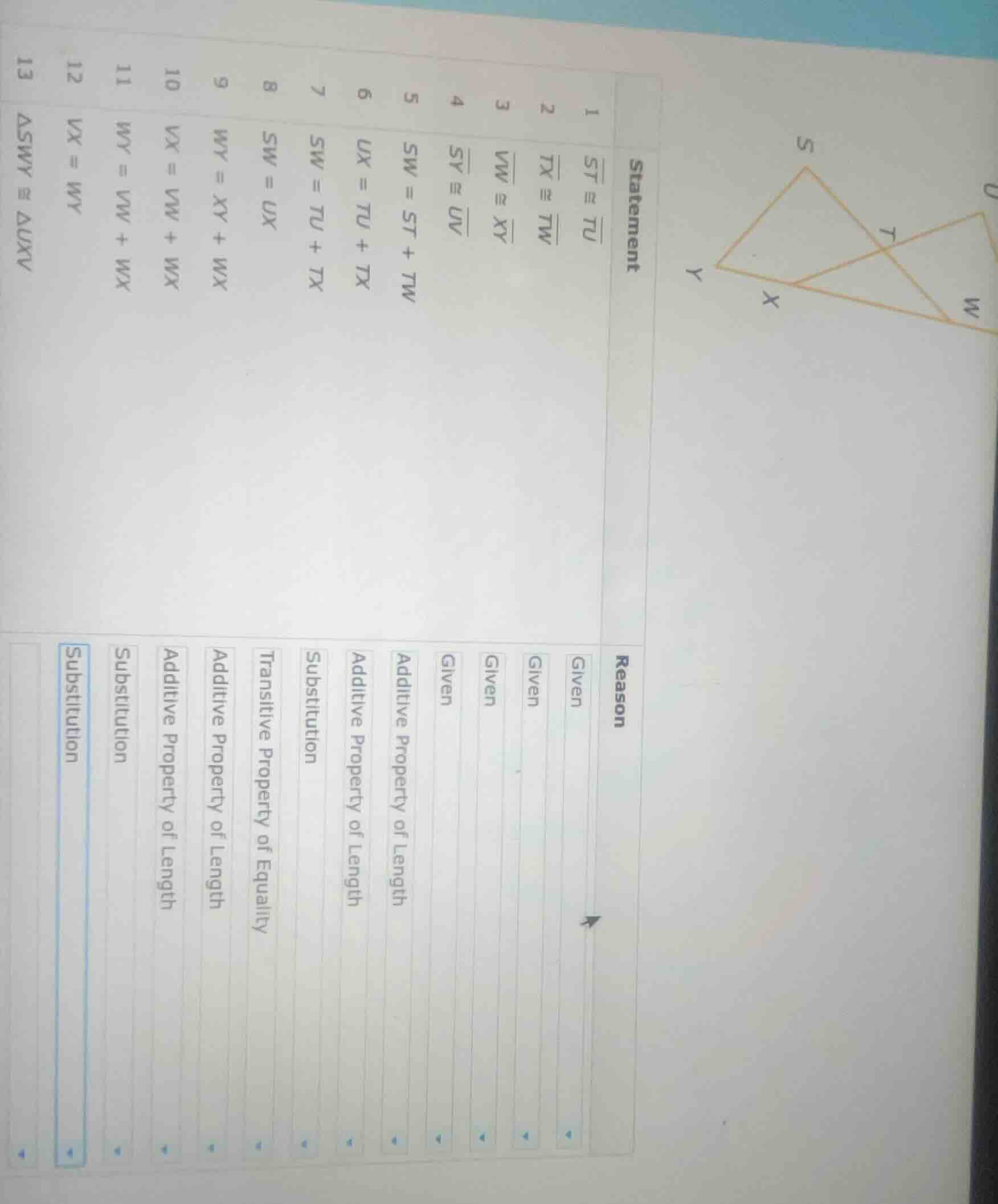 statement: 1. \\(\\overline{st} \\cong \\overline{tu}\\) 2. \\(\\overli…