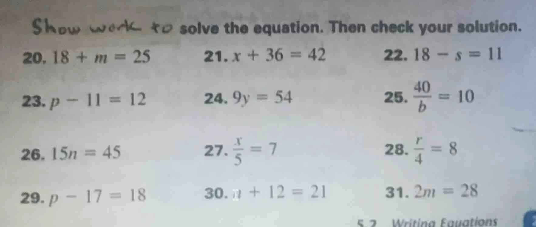 show work to solve the equation. then check your solution. 20. $18 + m …