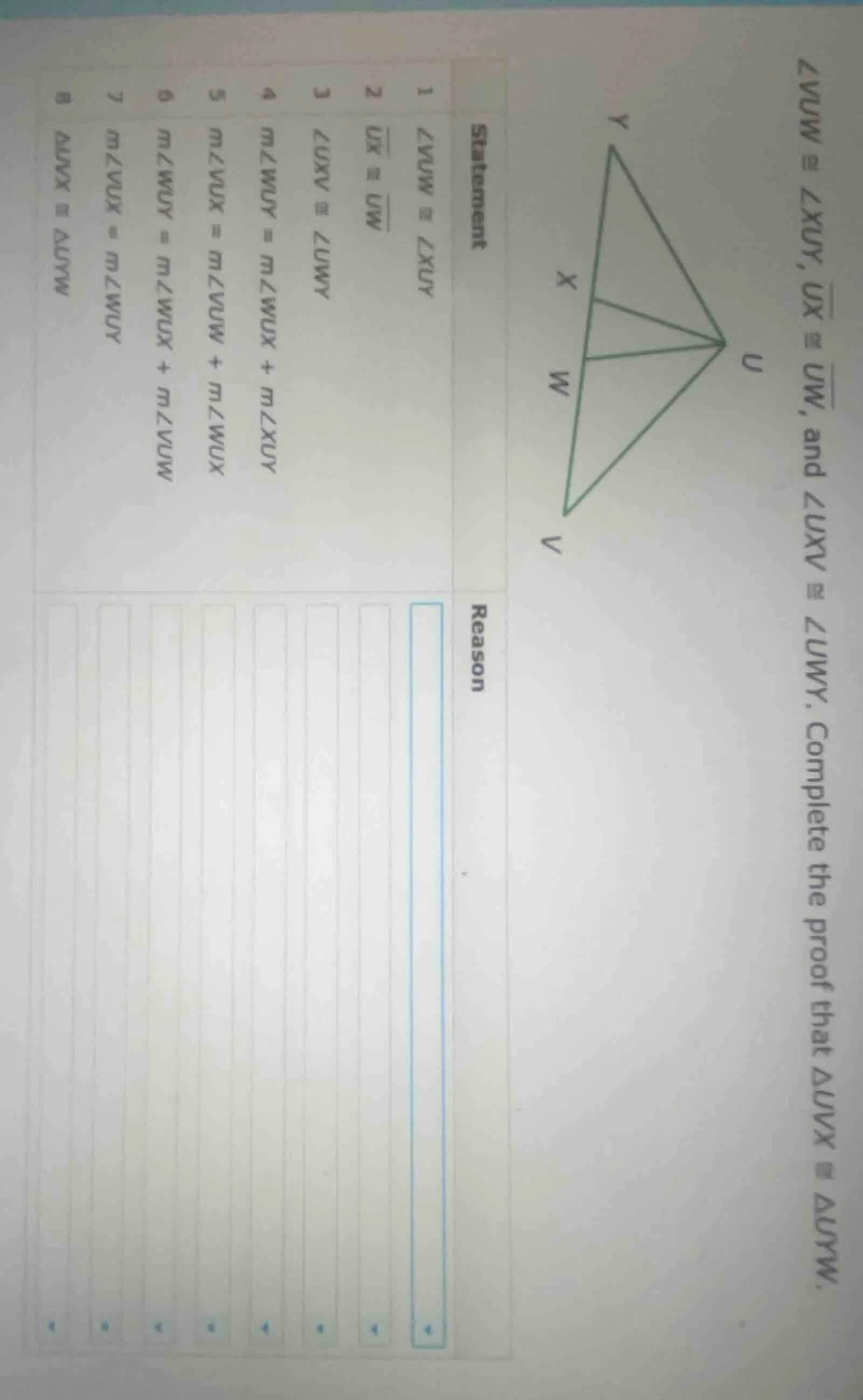 $\\angle vuw \\cong \\angle xuy$, $\\overline{ux} \\cong \\overline{uw}…