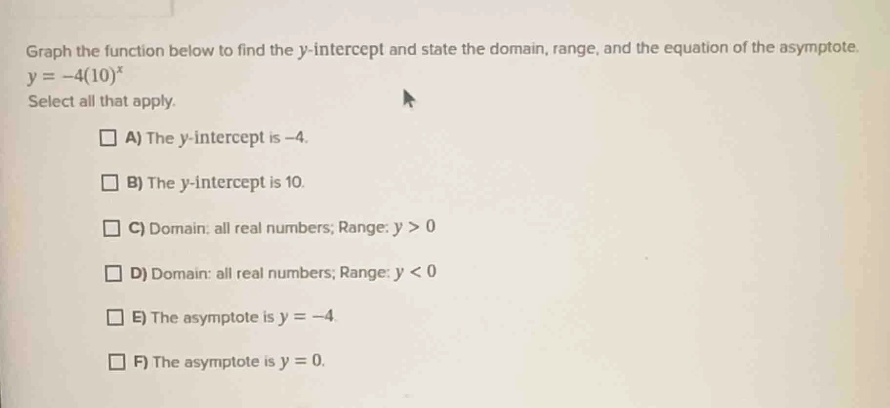 graph the function below to find the y-intercept and state the domain, …