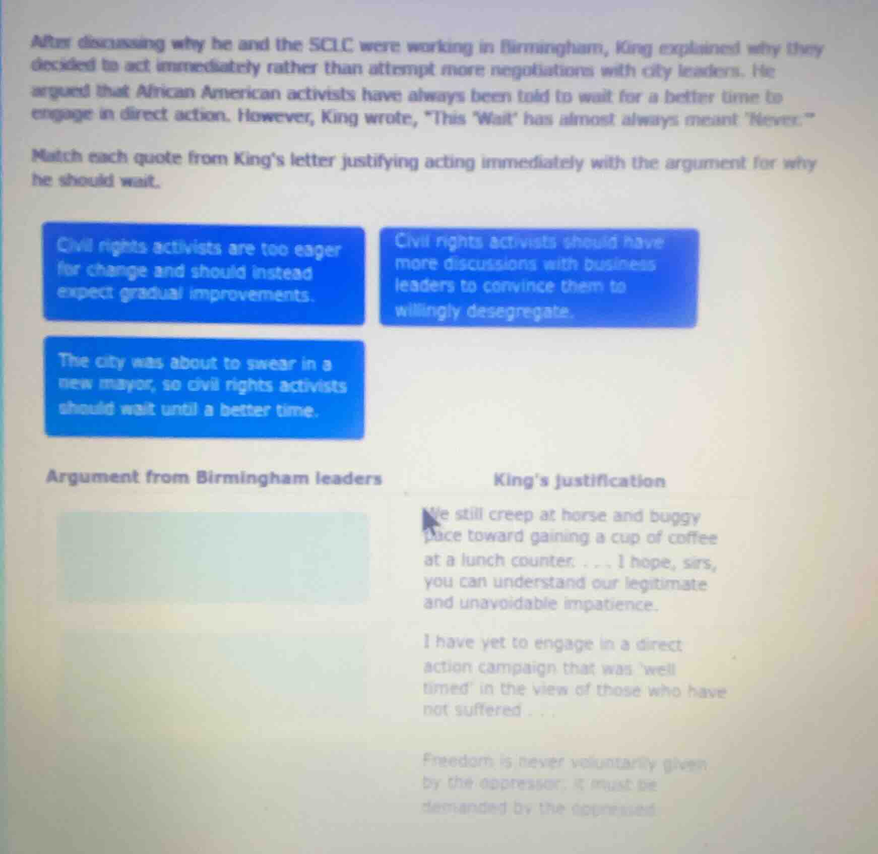 after discussing why he and the sclc were working in birmingham, king e…