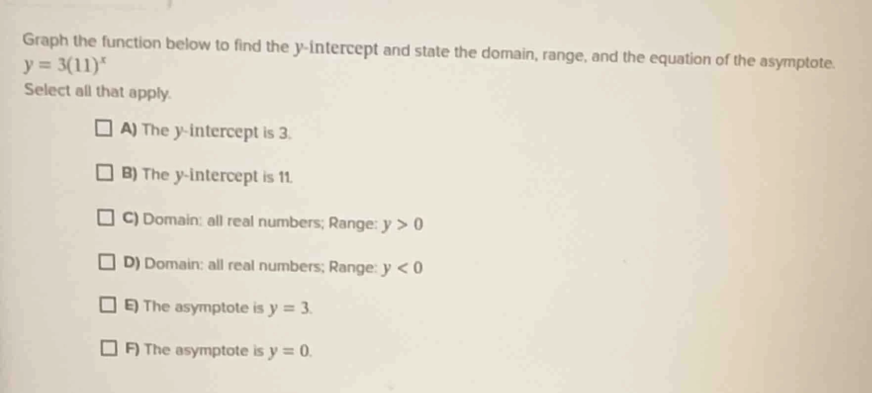 graph the function below to find the y-intercept and state the domain, …