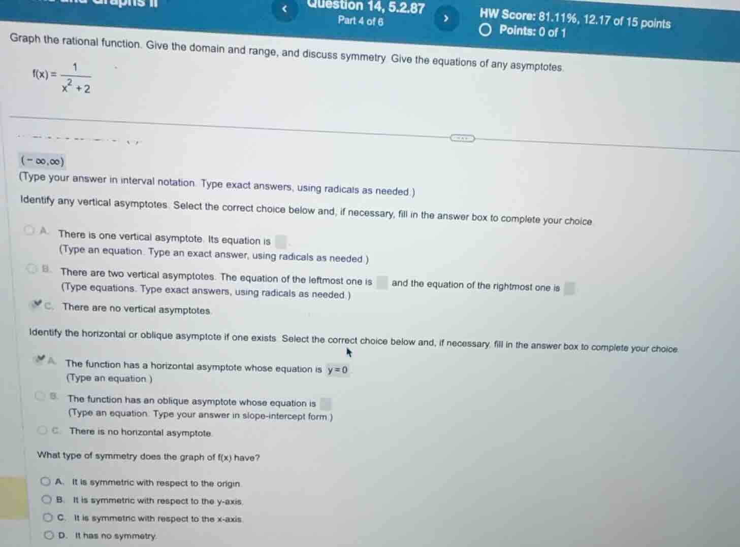 graph the rational function. give the domain and range, and discuss sym…